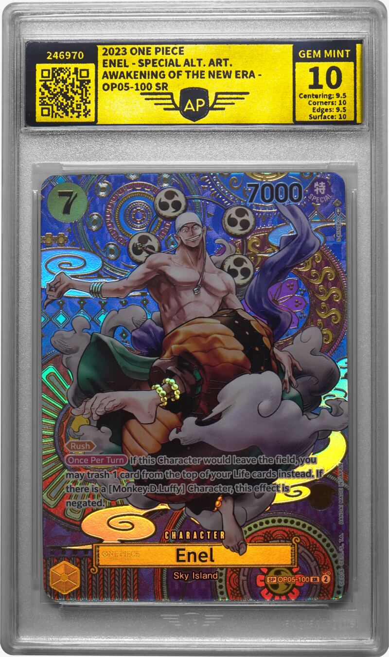 Carte à collectionner One Piece « Enel » (Special Alt Art) notée par AP Grading dans un slab AP – note maximale GEM MINT 10