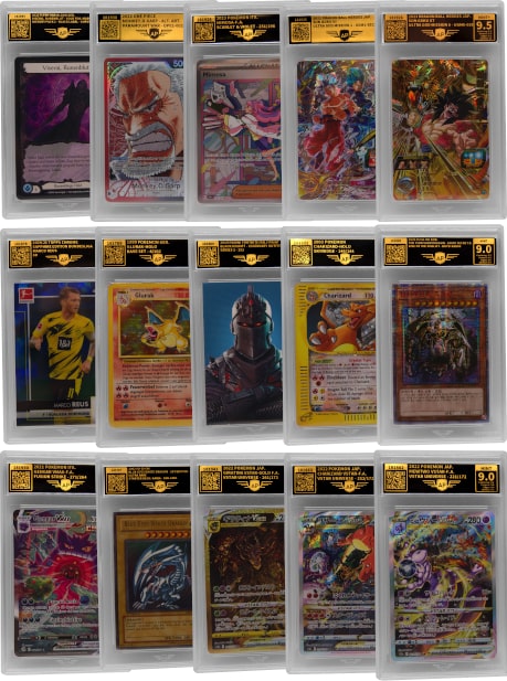 Grille de 15 slabs gradés par AP Grading — Pokémon (dont Charizard), One Piece, Yu-Gi-Oh! et cartes de sport avec des grades de 9.0 à 9.5