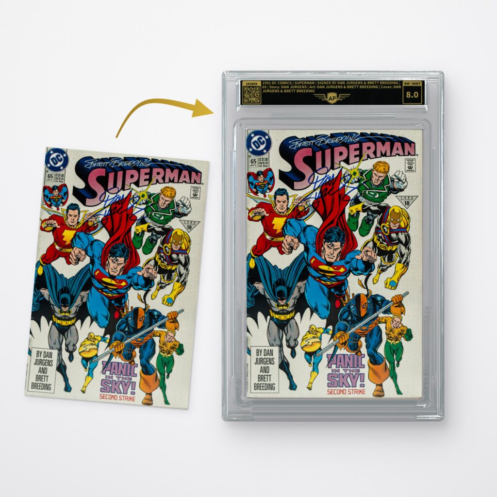 Grading de comics et box toppers : comic avant le grading et dans le slab AP pour comics avec étiquette et note