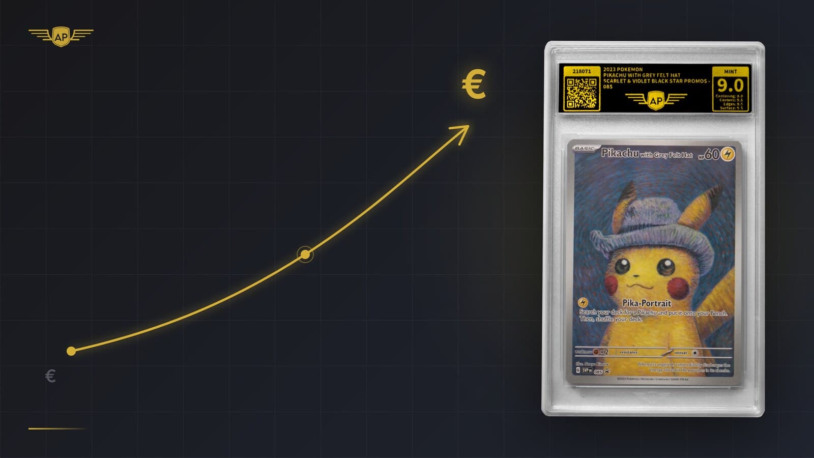 Steigende Wertkurve neben gegradeter Pokémon-Karte im AP-Slab MINT 9