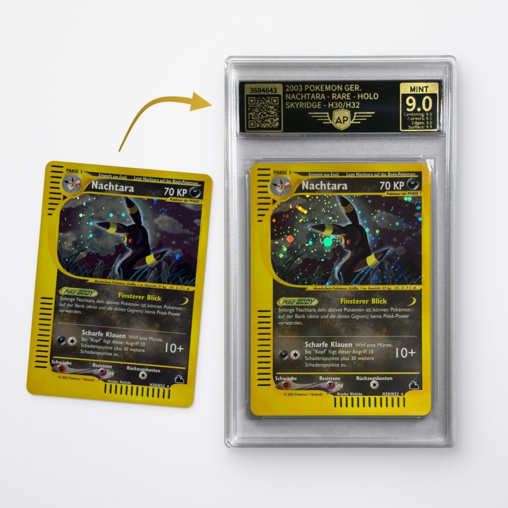 Grading de cartes chez AP Grading : carte Pokémon avant et après le grading, en slab AP avec la note MINT 9.0