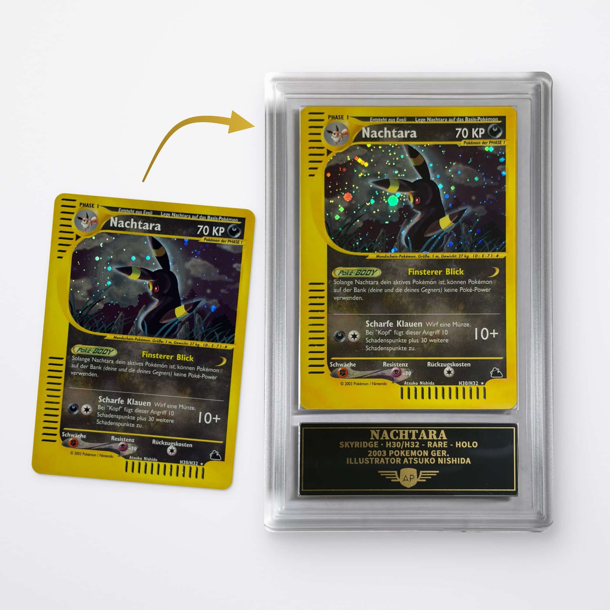 Grading de cartes en slab AP Gallery : carte Pokémon avant et après le grading, avec plaque nominative gravée sous la carte